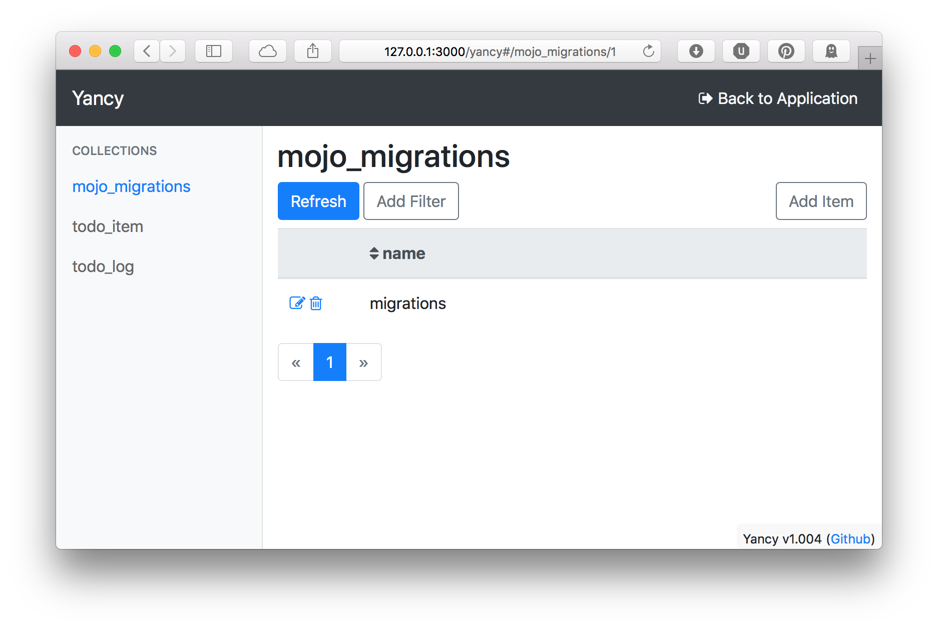 The initial Yancy editor showing the mojo_migrations
table