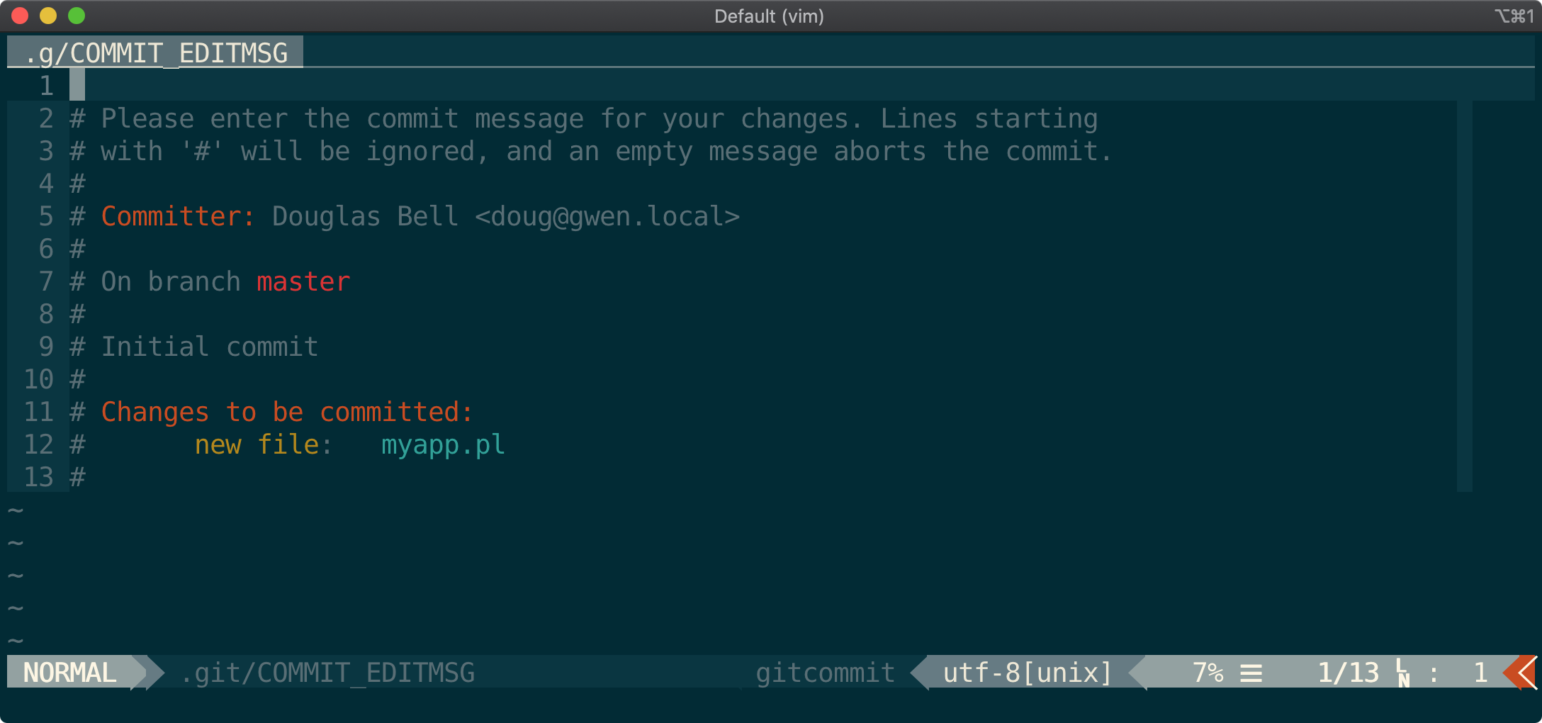 Terminal showing vim editor to edit git commit message