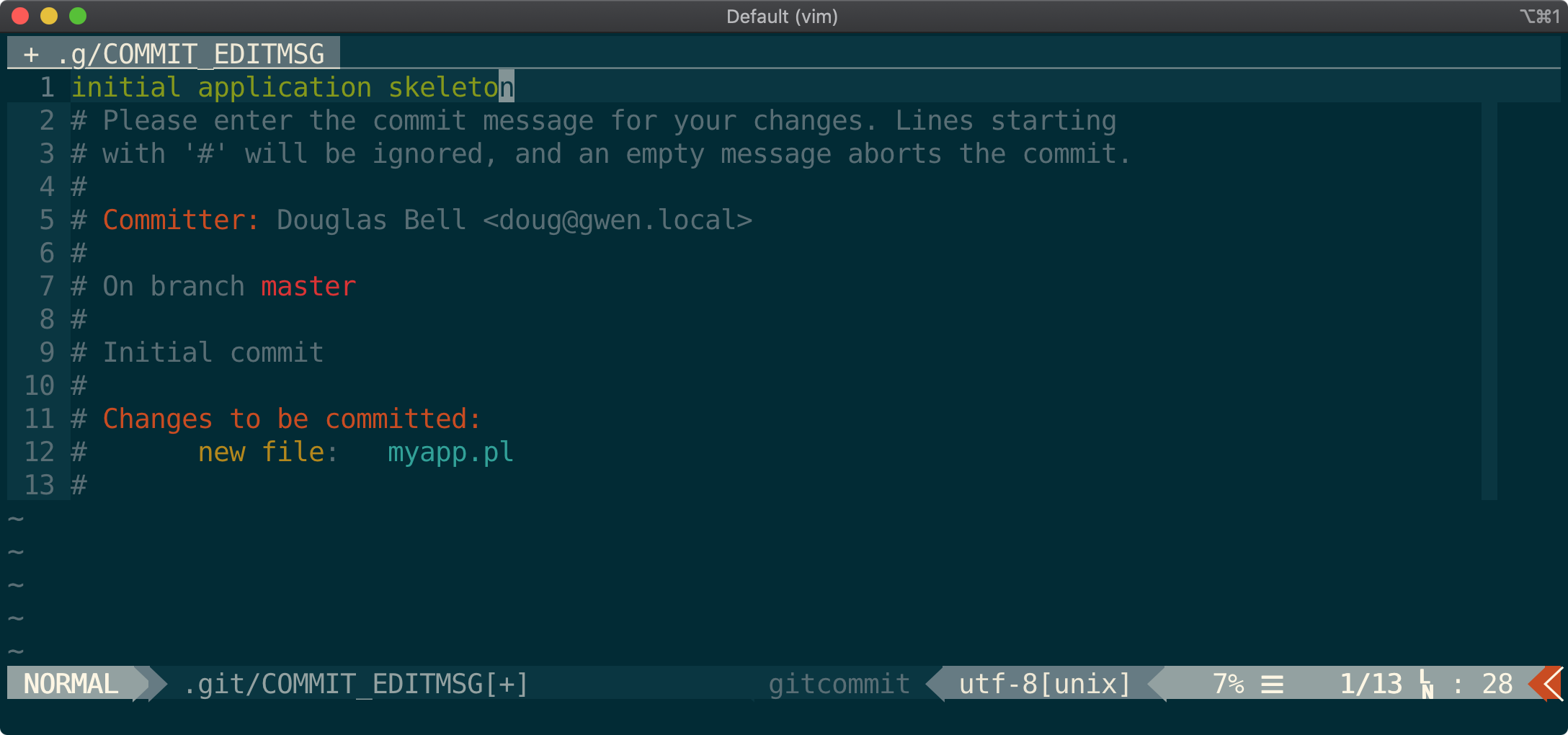 Terminal showing vim editor with a commit message written