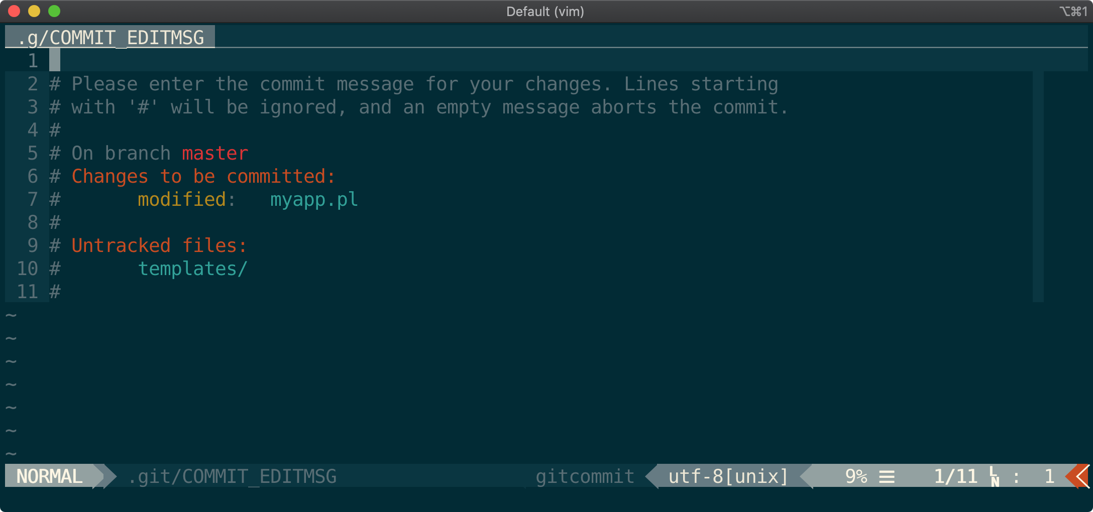 Commit message editor showing git status output