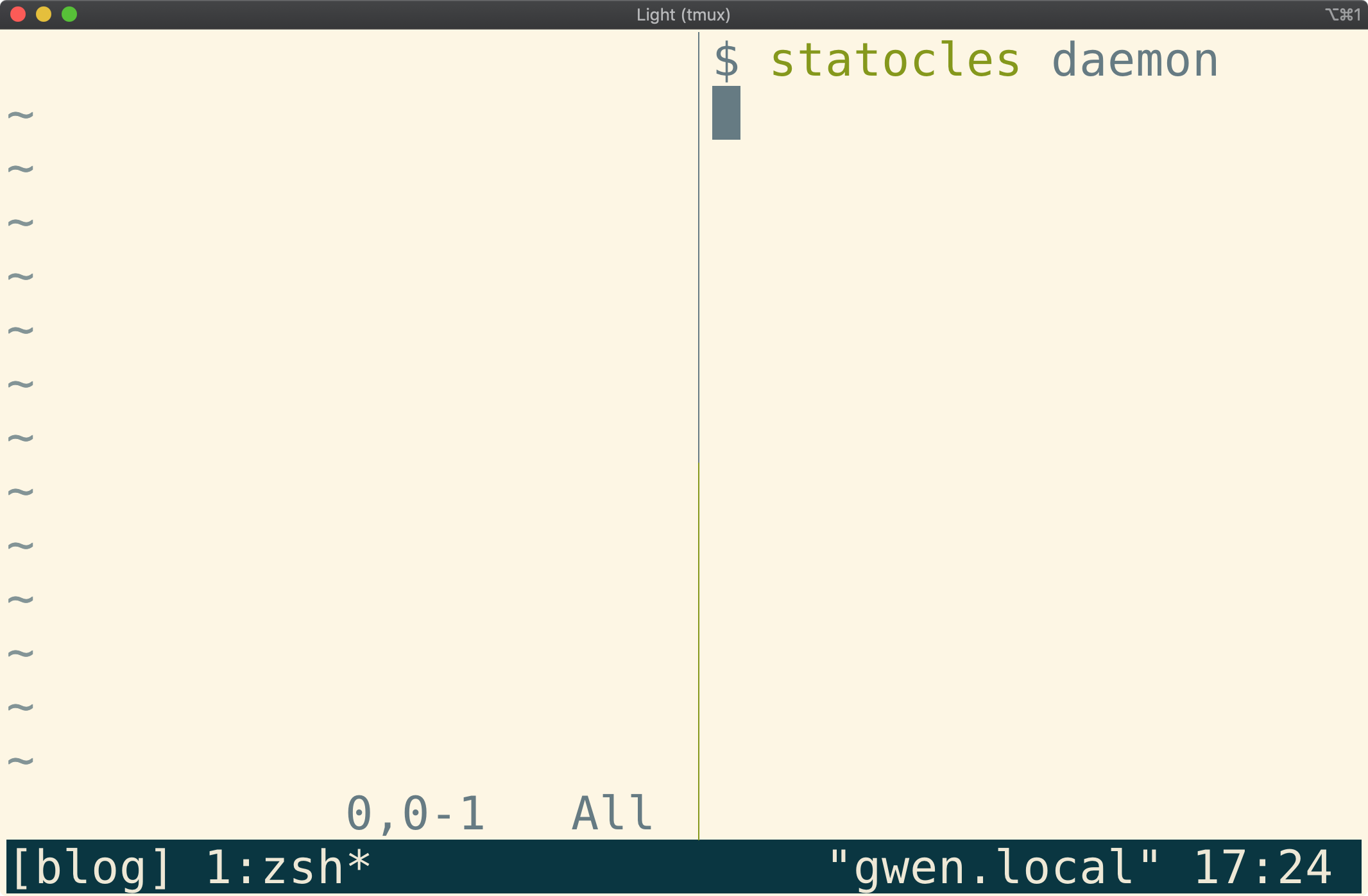 tmux session named "blog" with one window, editor on the left, shell
on the right