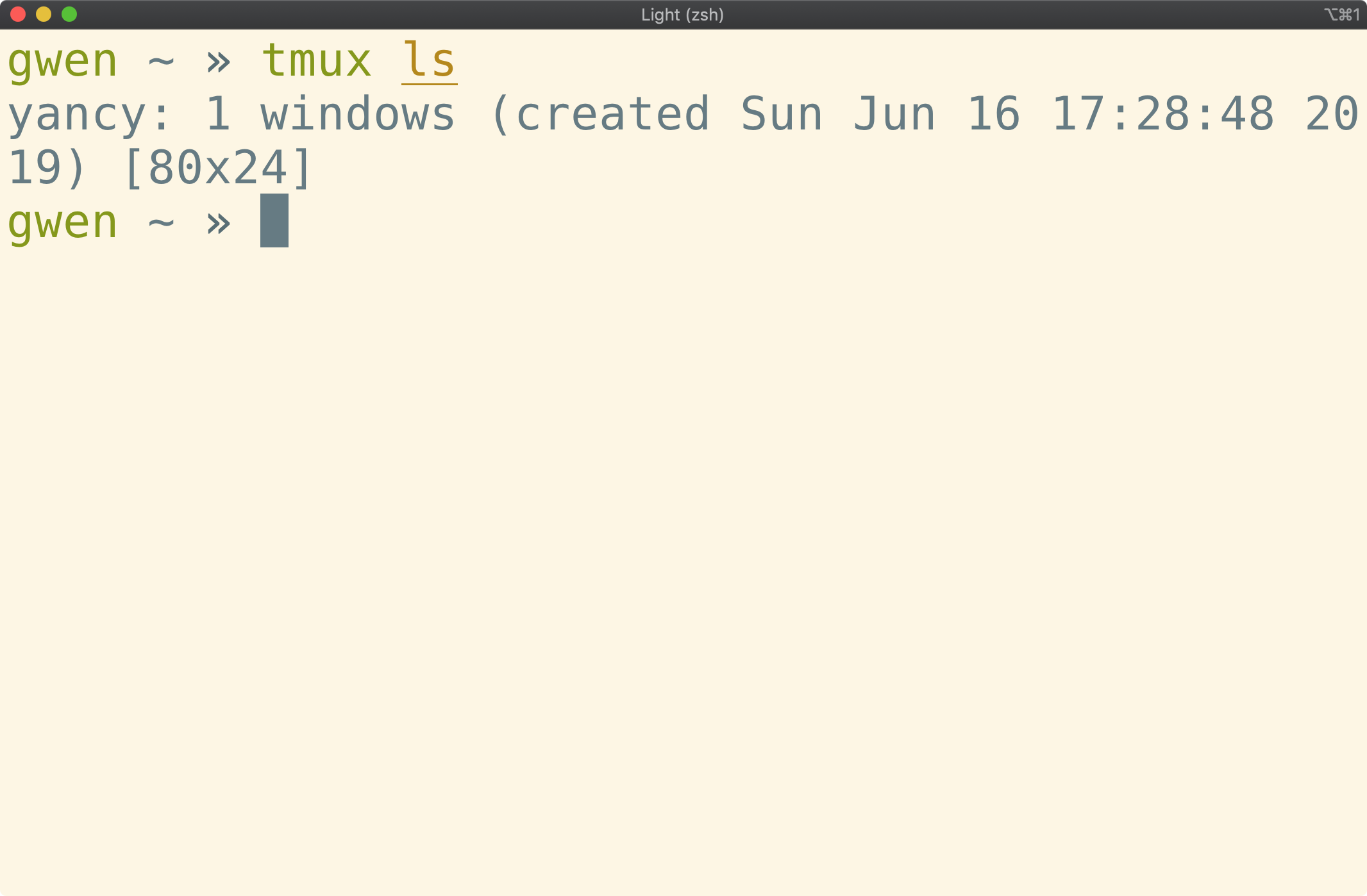 Shell window with "tmux ls" command executed"