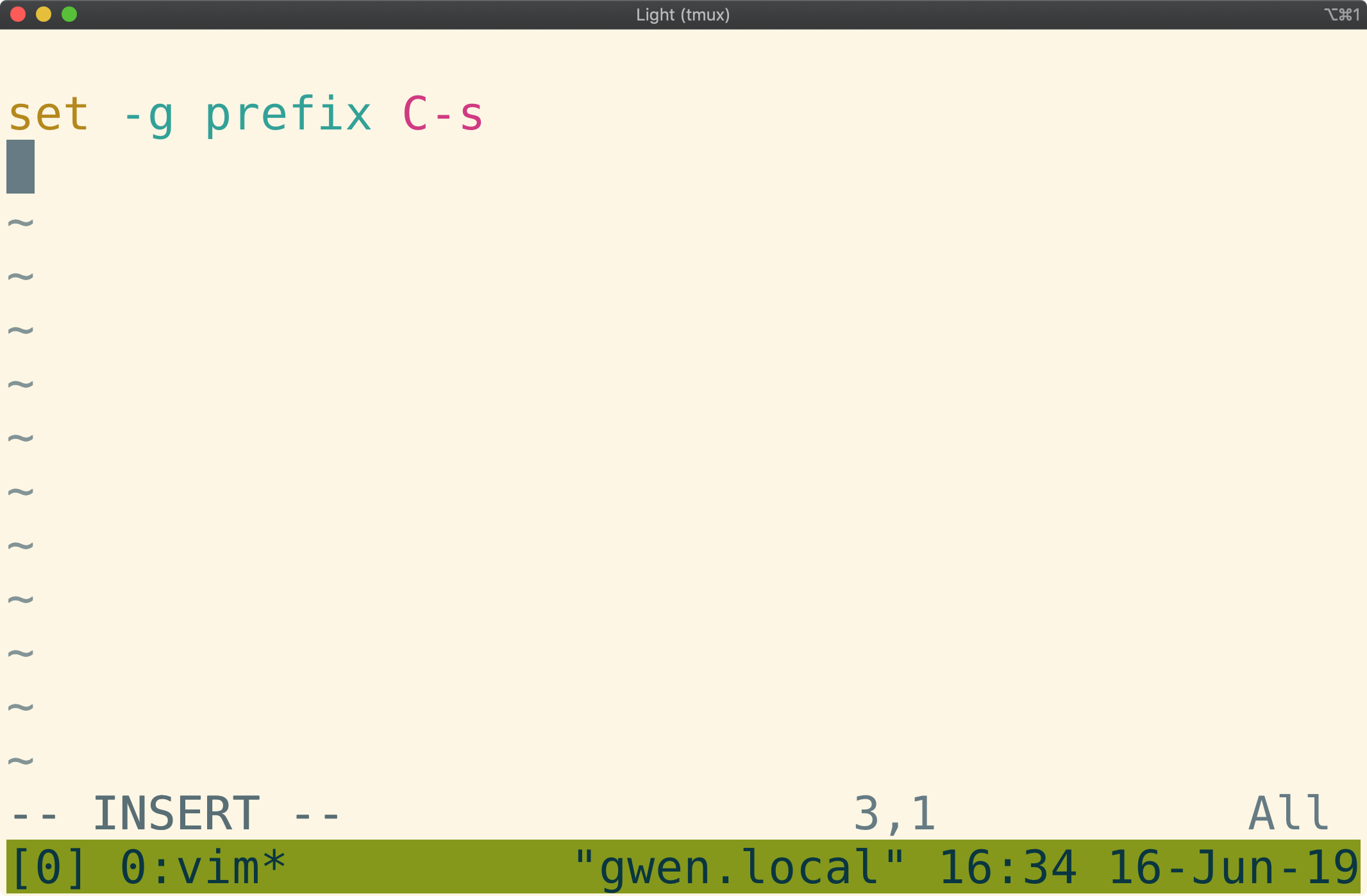 vim window showing set prefix in config file