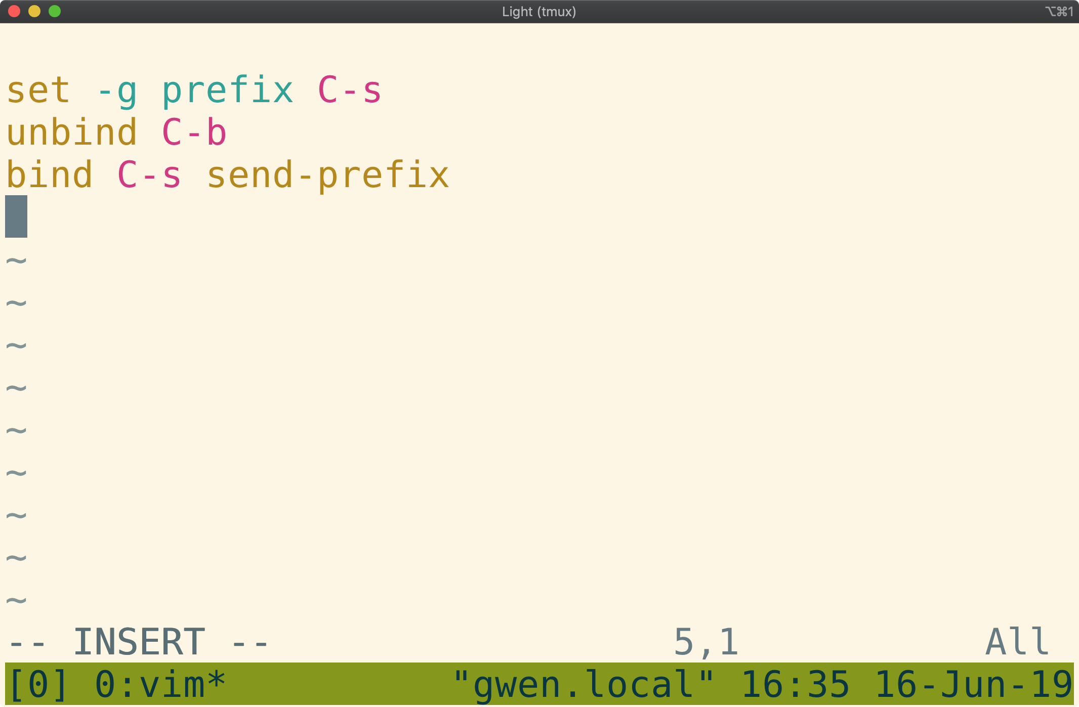 vim window showing bind for send-prefix added to
config