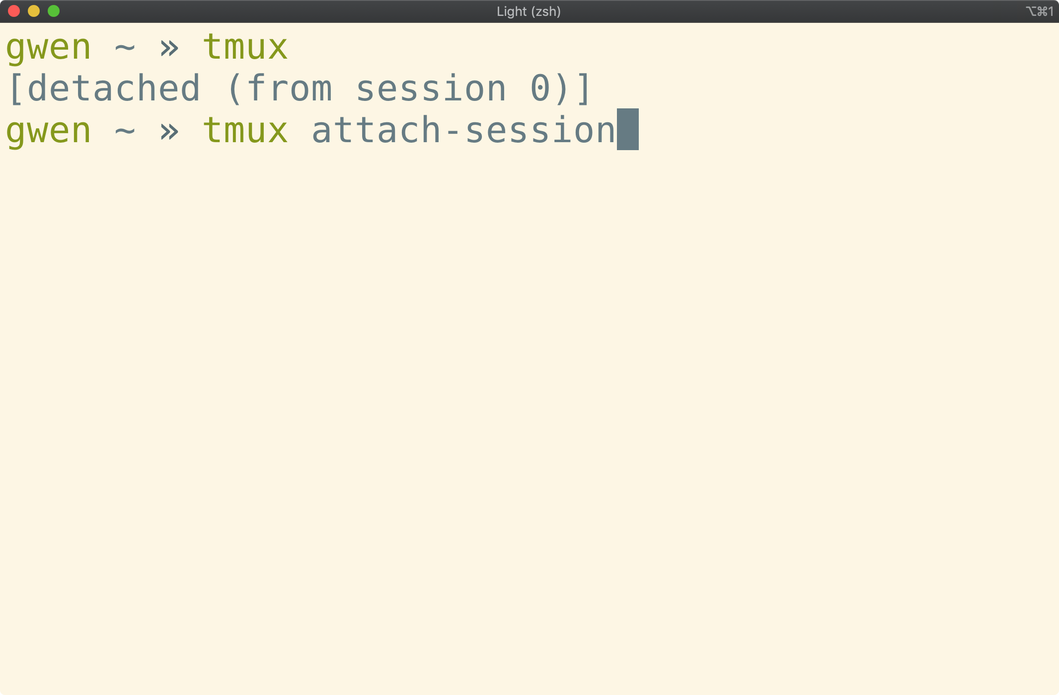 Terminal showing "tmux attach-session" typed in a prompt