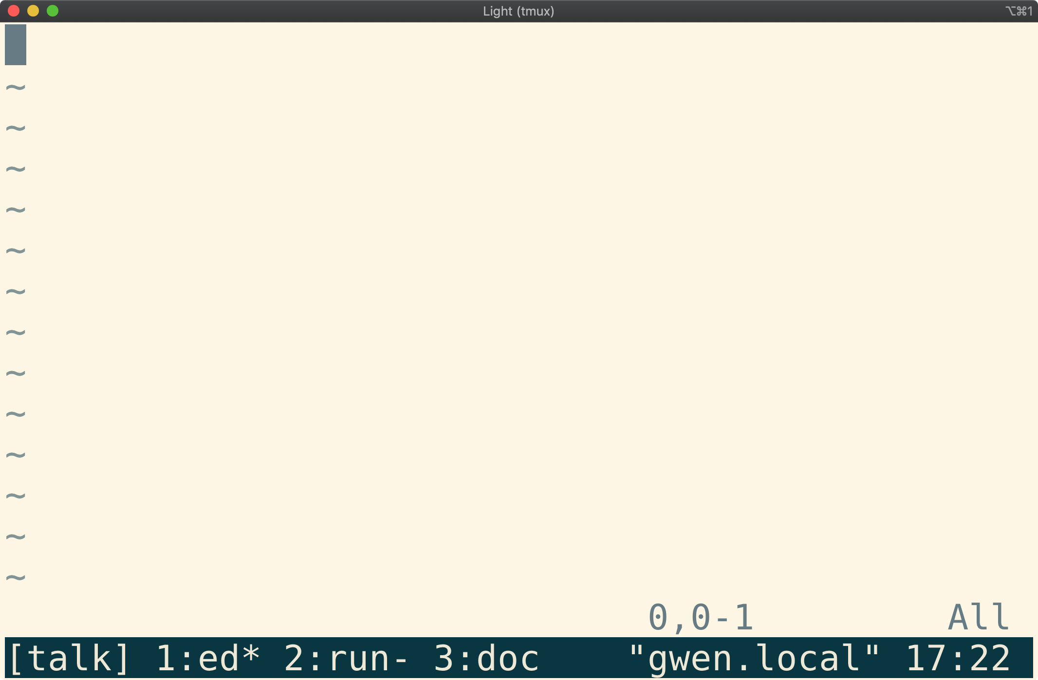 Tmux window showing windows named "edit", "test", and
"docs"