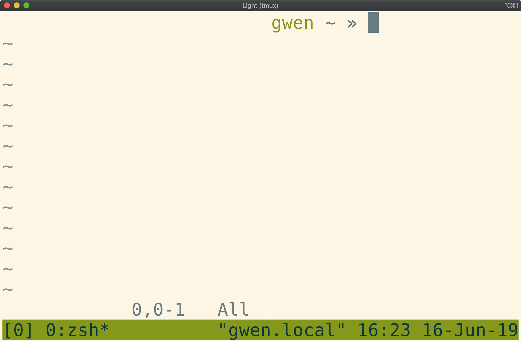 Tmux window split vertically showing vim on the left, a shell on the
right