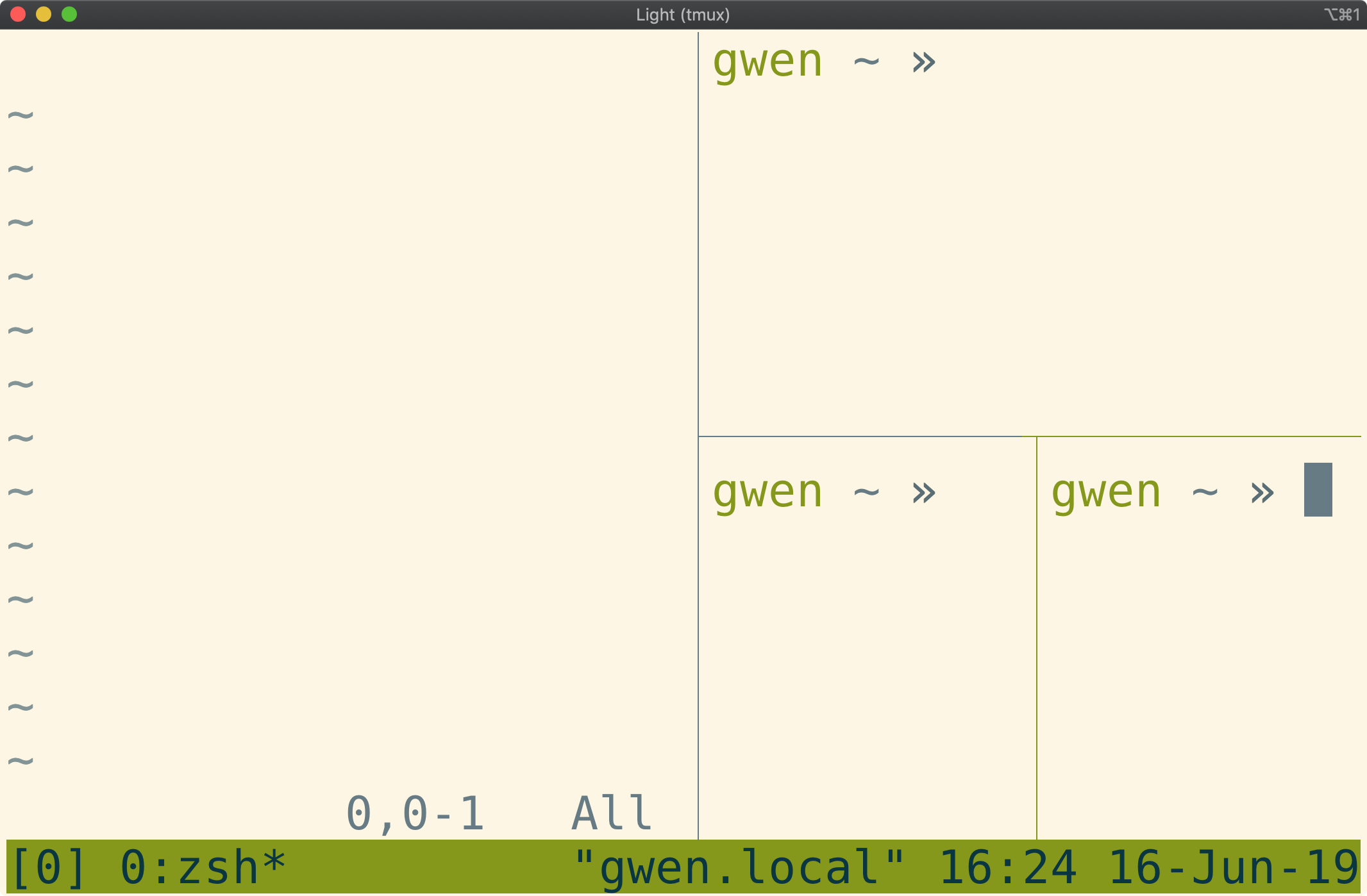 Tmux window split vertically, with the right pane split horizontally,
and then the right-bottom pane split vertically
