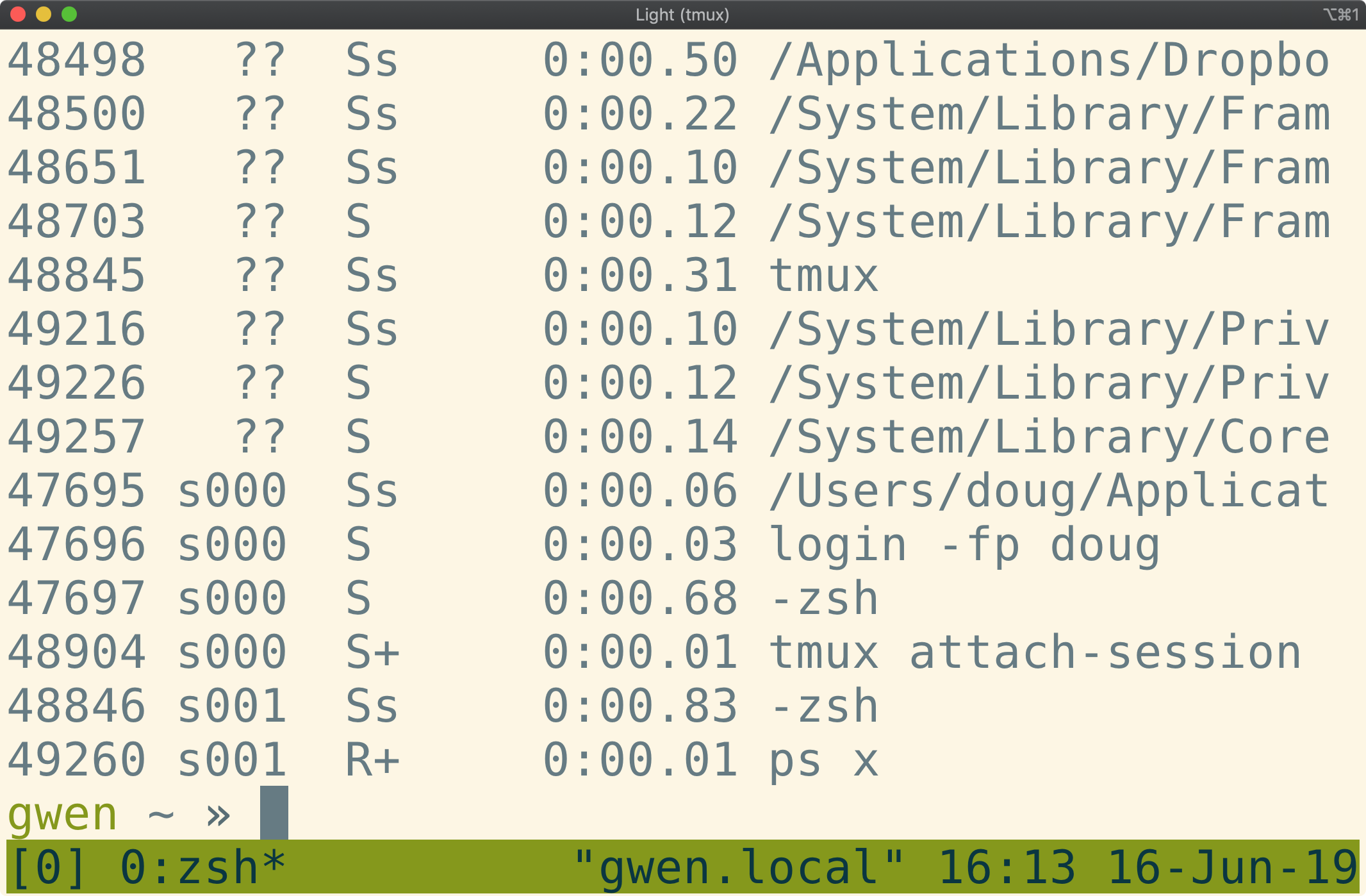 Tmux window showing the bottom of the output of "ps
au"