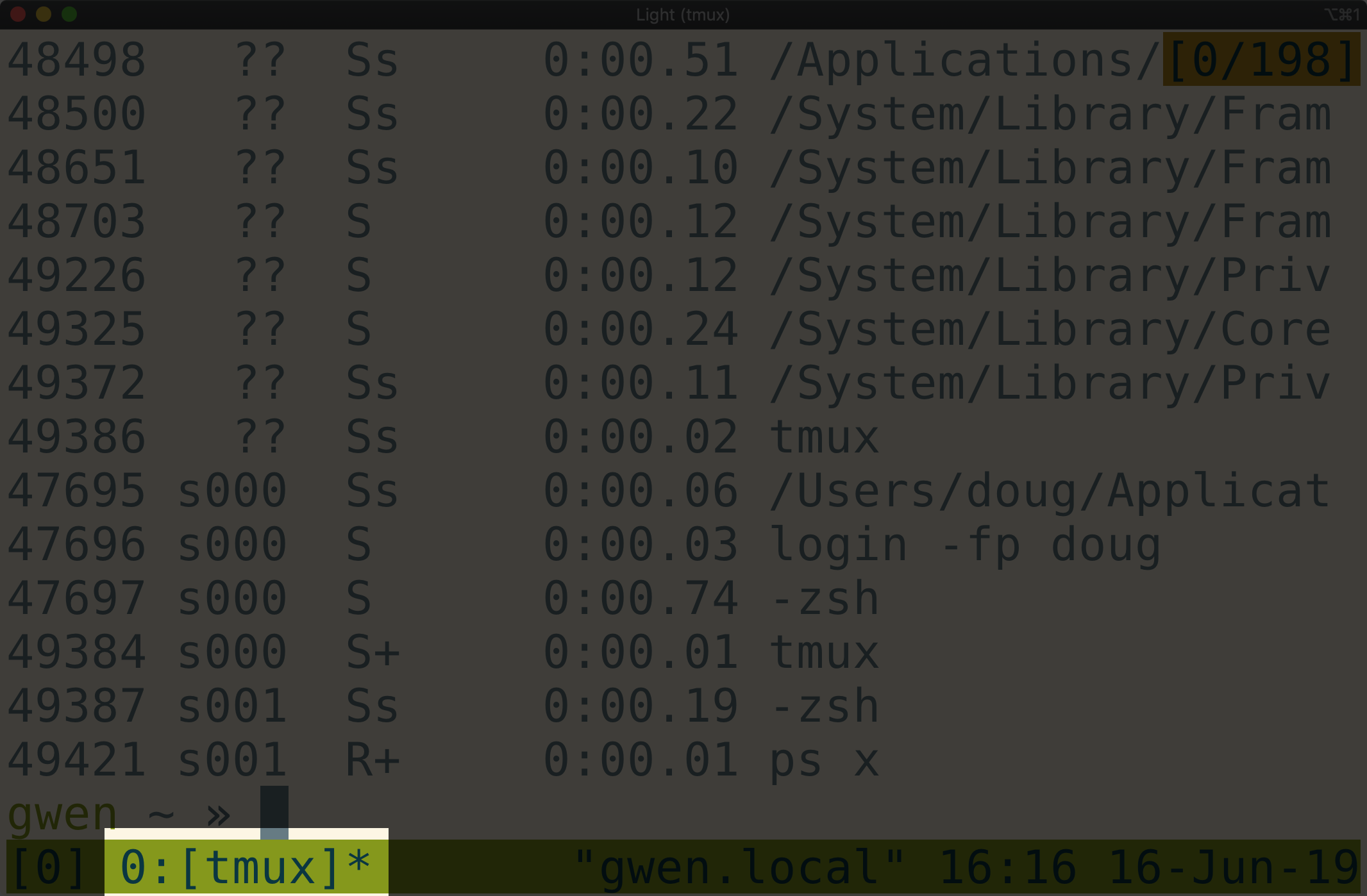 Tmux window highlighting the window name in the status bar enclosed in
square brackets