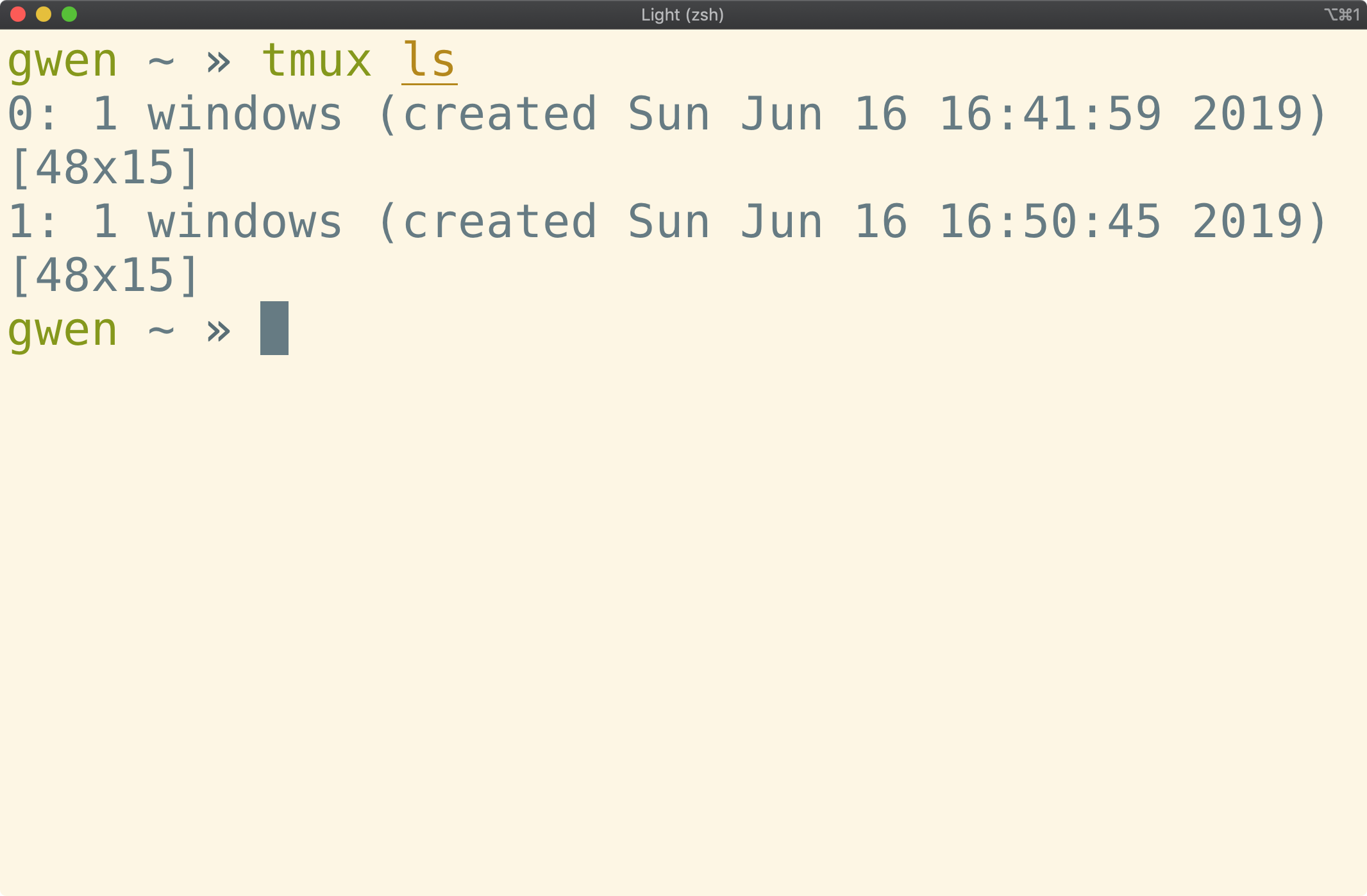 Terminal window showing output from <code>tmux ls</code>