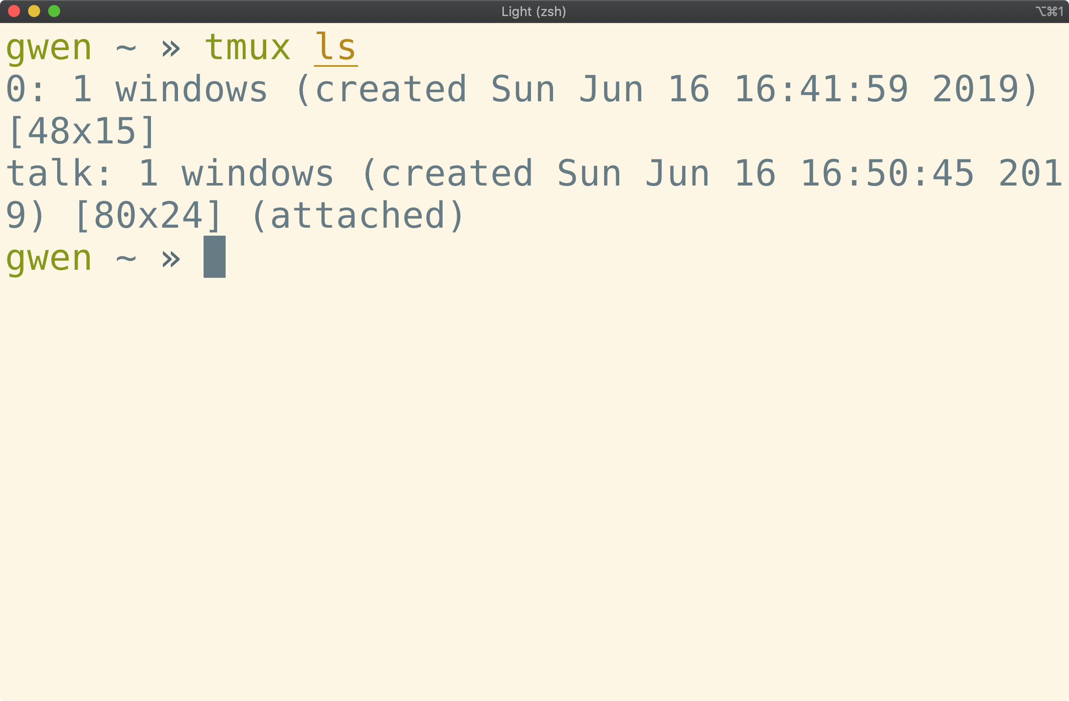 Terminal window showing <code>tmux ls</code> output with new session
name