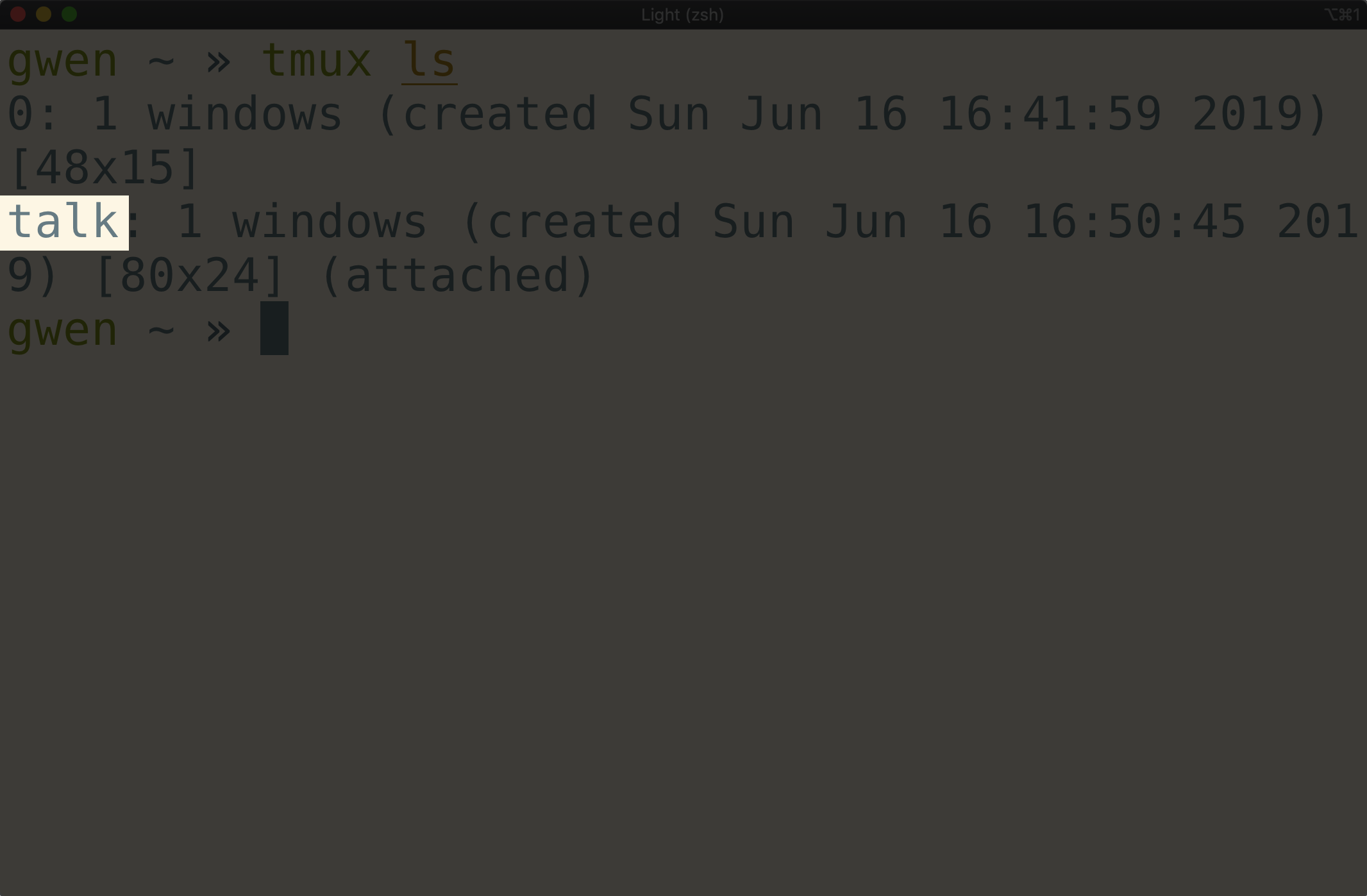 Terminal window showing <code>tmux ls</code> output with new session name
highlighted