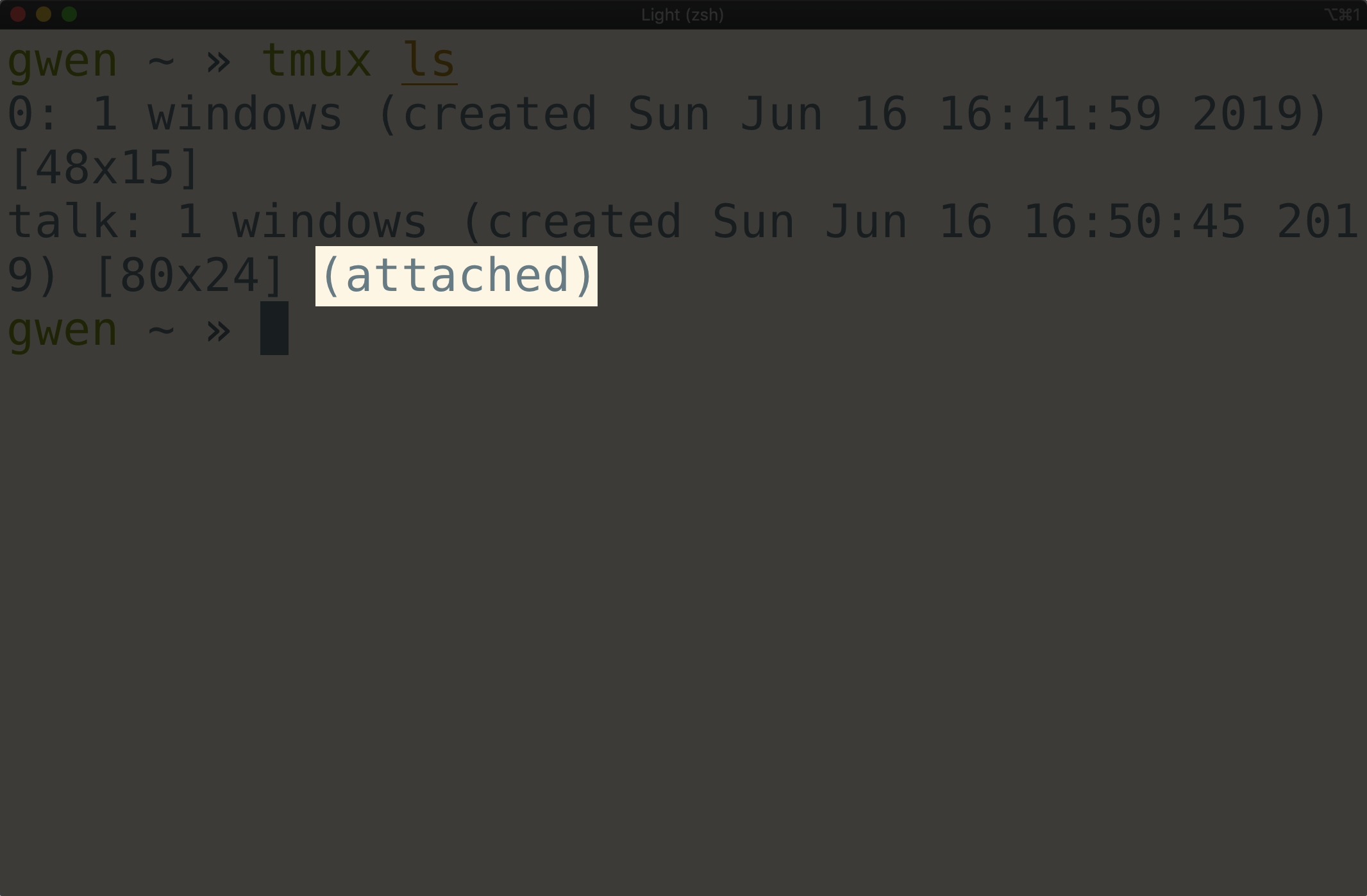 Terminal window showing <code>tmux ls</code> output with attached
highlighted
