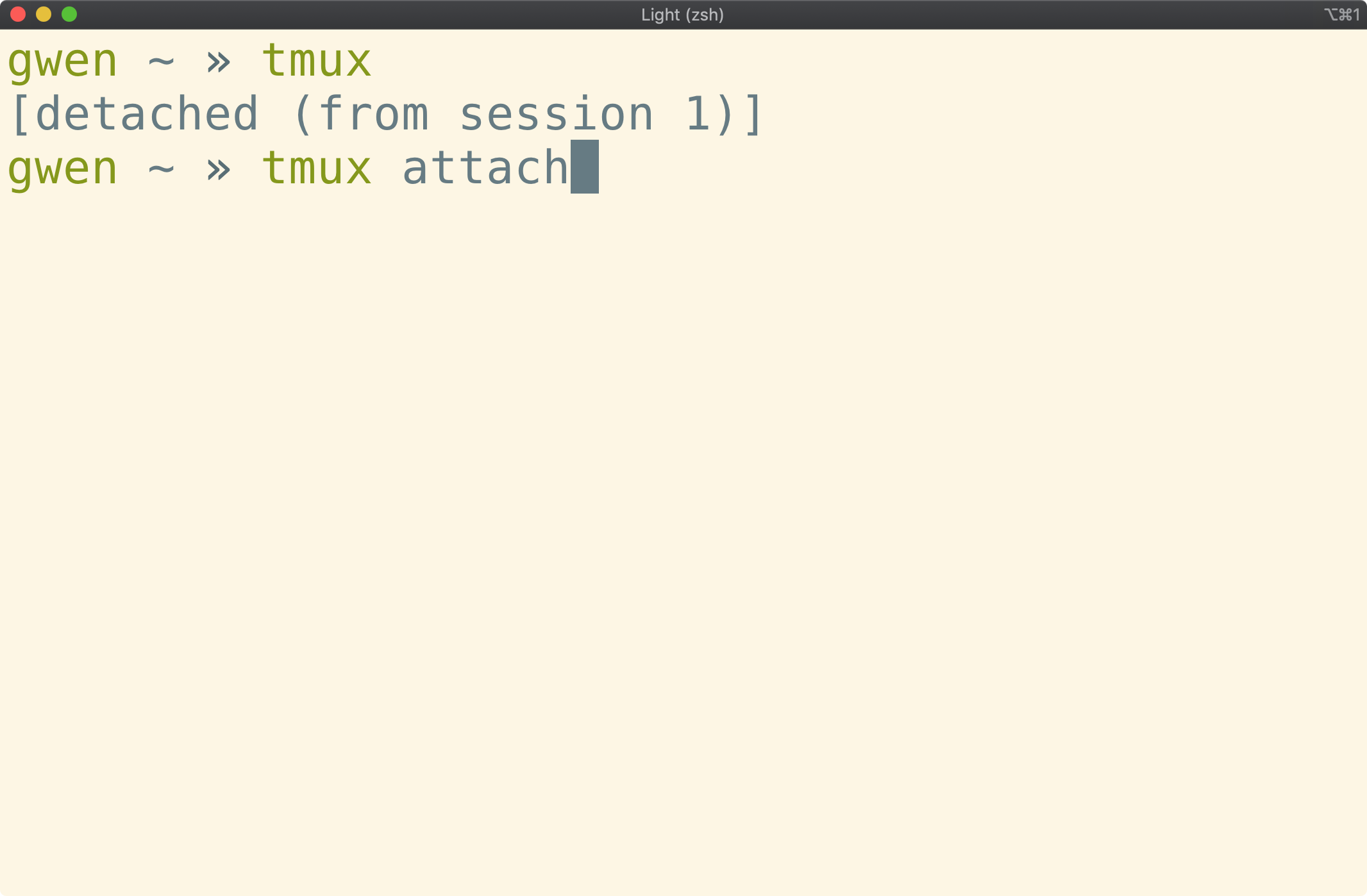 Terminal window showing "tmux attach" typed-in