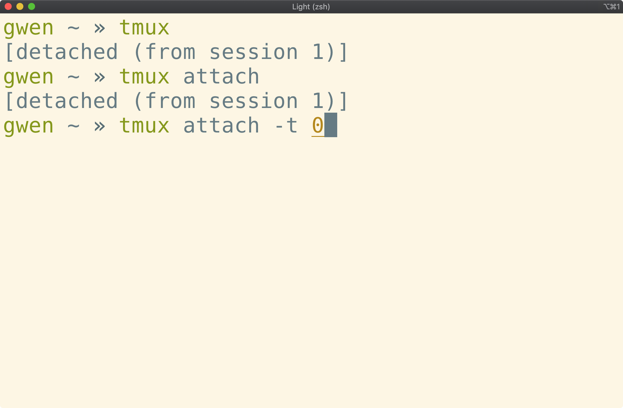 Terminal window showing <code>tmux attach -t 0</code> typed
in