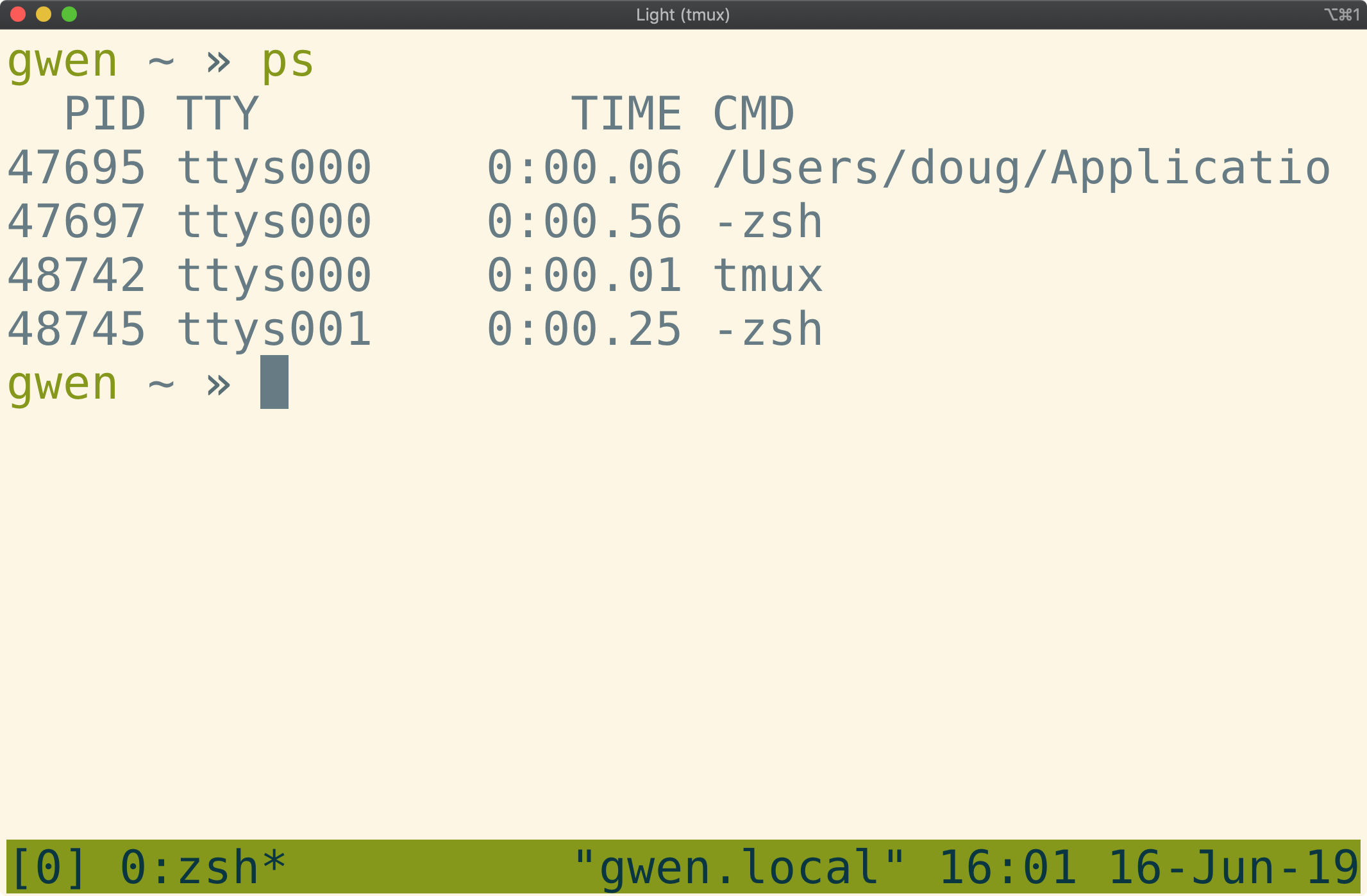 Tmux window with output from 'ps u'
